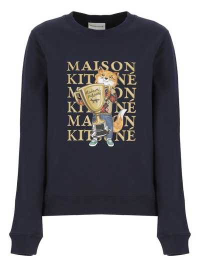 Maison Kitsuné Fox Champion Printed Crewneck Sweatshirt In Navy