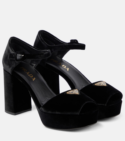 Prada Velvet Platform Sandals In Black