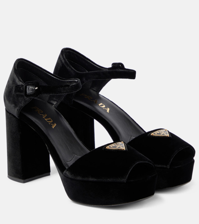 Prada Suede Block Heel Sandals With Open Toe In Black