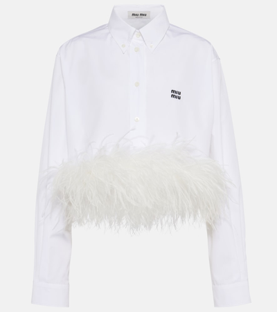 Miu Miu Feather-trimmed Cropped Cotton Shirt In White