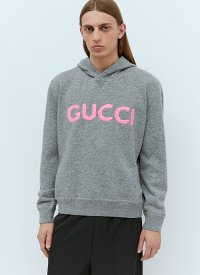 Gucci Logo Embroidery Wool Hooded Sweatshirt In Grey