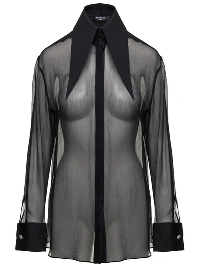 Balmain Black Shirt With Oversized Pointed Collar In Silk Woman In Grey