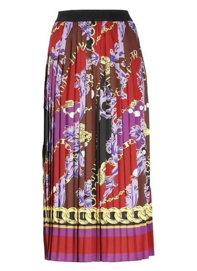 Versace Jeans Couture Pleated Chain-print Pull-on Midi Skirt In Burgundy