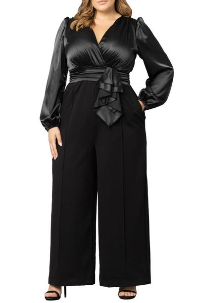 Kiyonna Refined Puff Shoulder Long Sleeve Wide Leg Jumpsuit In Black