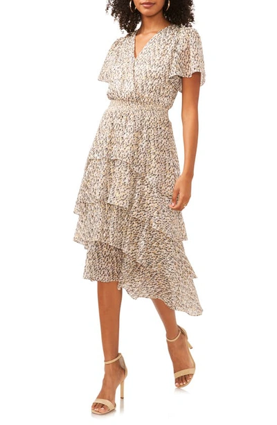 Vince Camuto Metallic Abstract Print Tiered Dress In Rich Crme