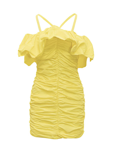 Msgm Ruched Ruffle-trim Mini Dress In Yellow