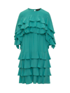 Rochas Ruffle Detail Pleated Asymmetric Dress In Green