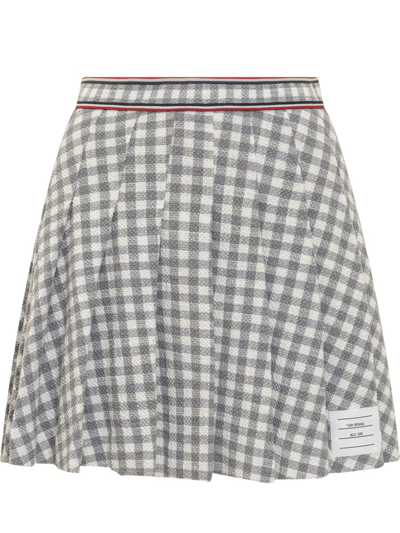 Thom Browne Gingham Stripe Trim Pleated Mini Skirt In Grey