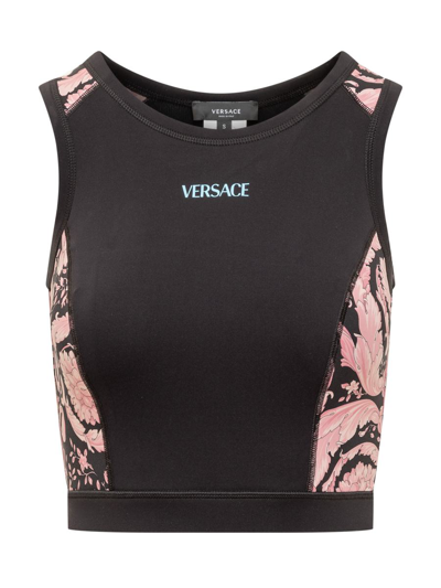 Versace Logo Detailed Crewneck Cropped Sports Top In Black