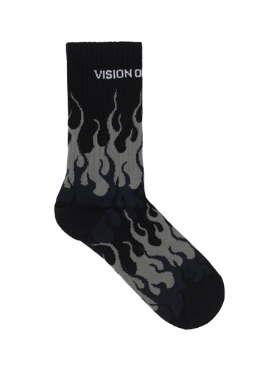 Vision Of Super Cotton Blend Flames Socks In Black