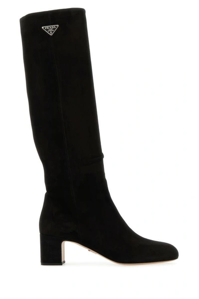 Prada Women Tronchetti 55mm Knee-high Suede Boots In Black