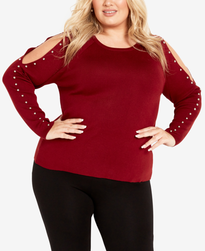 Avenue Plus Size Cold Shoulder Round Neck Sweater In Ruby