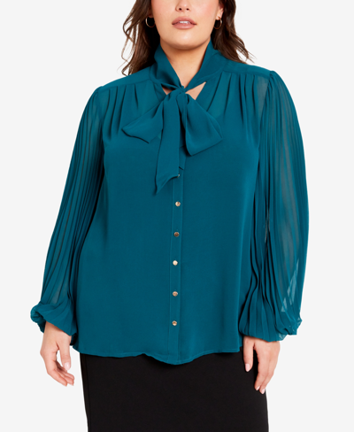 Avenue Plus Size Ivy Pleat High Neck Blouse Top In Teal