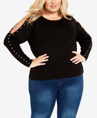 Avenue Plus Size Cold Shoulder Round Neck Sweater In Black