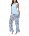 ECHO WOMEN'S SOLID 2 PIECE TANK TOP WITH PRINTED WIDE PANTS PAJAMAS SET