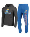 CONCEPTS SPORT MEN'S CONCEPTS SPORT ROYAL AND CHARCOAL KANSAS JAYHAWKS METER LONG SLEEVE HOODIE T-SHIRT AND JOGGER 