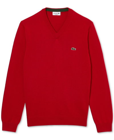 Lacoste Men's Regular-fit Solid V-neck Sweater In Rouge