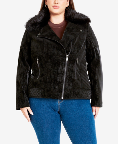 Avenue Plus Size Natalia Faux Fur Collared Jacket In Black