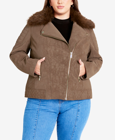 Avenue Plus Size Natalia Faux Fur Collared Jacket In Latte