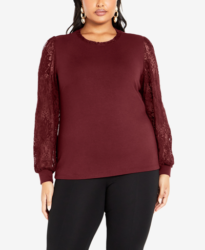 Avenue Plus Size Parker Lace Long Sleeve Top In Henna