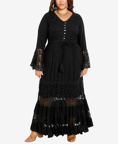 Avenue Plus Size Tisha Lace V-neck Maxi Dress In Black