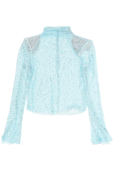 Self-portrait Long-sleeved Top With Sequins And Beads In Light Blue