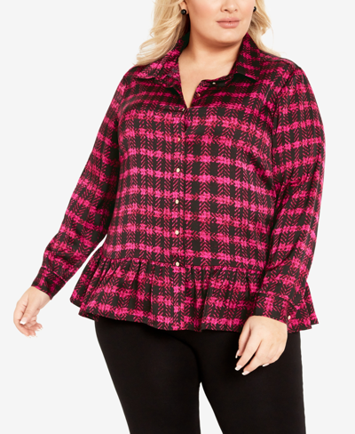 Avenue Plus Size Gracie Print Button Shirt Top In Pink Check