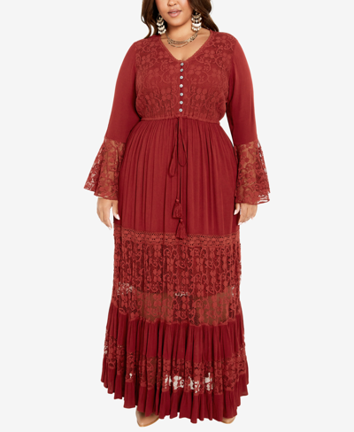 Avenue Plus Size Tisha Lace V-neck Maxi Dress In Port