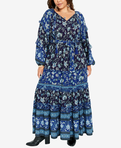 Avenue Plus Size Willow Border Maxi Dress In Bluebell Border