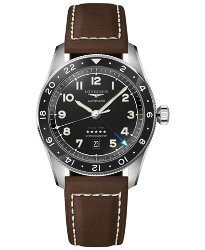 Longines Men's Swiss Automatic Spirit Zulu Time Brown Leather Strap Watch 42mm In Black