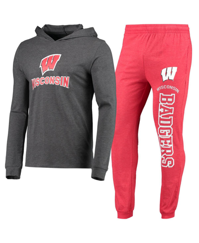 Concepts Sport Red/heather Charcoal Wisconsin Badgers Meter Long Sleeve Hoodie T-shirt & Jogger Paja In Red,heathered Charcoal