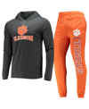 Concepts Sport Orange/heather Charcoal Clemson Tigers Meter Long Sleeve Hoodie T-shirt & Jogger Paja In Orange,charcoal