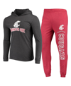 CONCEPTS SPORT MEN'S CONCEPTS SPORT CRIMSON, CHARCOAL WASHINGTON STATE COUGARS METER LONG SLEEVE HOODIE T-SHIRT AND