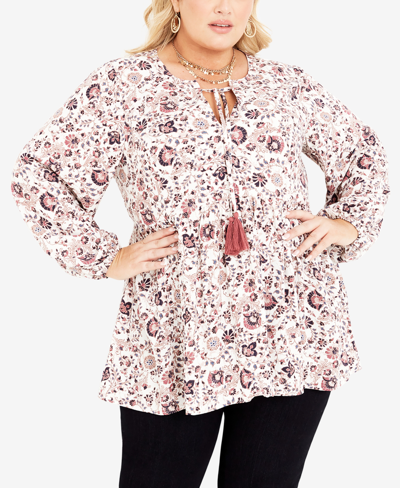 Avenue Plus Size Charmed Notched V-neck Tunic Top In Folk Floral