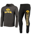 CONCEPTS SPORT MEN'S CONCEPTS SPORT BLACK, CHARCOAL IOWA HAWKEYES METER LONG SLEEVE HOODIE T-SHIRT AND JOGGER PANTS