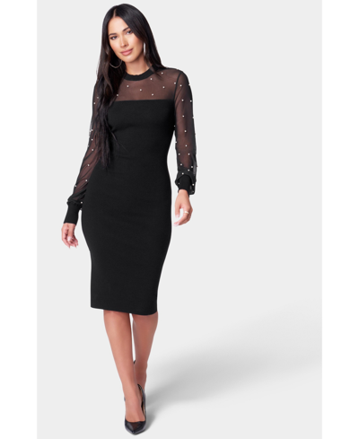 Bebe Pearl Mesh Midi Sweater Dress In Black