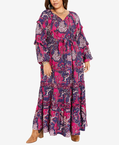 Avenue Plus Size Elena Print V-neck Maxi Dress In Boho Patch
