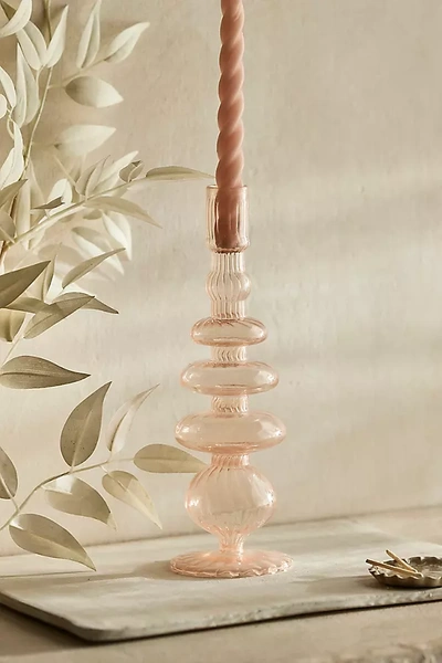 Terrain Sculptural Ridged Glass Candle Holder In Pink