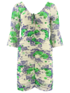 Ganni Short Sleeve Printed Mesh U-neck Ruched Mini Dress In Beige