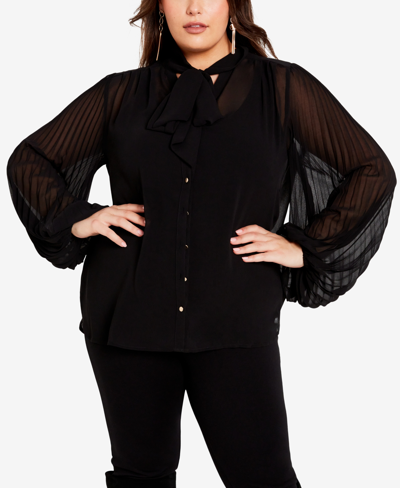 Avenue Plus Size Ivy Pleat High Neck Blouse Top In Black