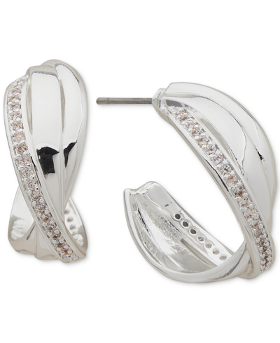 Anne Klein Silver-tone Small Pave Crossover C-hoop Earrings, 0.79" In Crystal