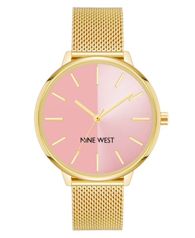 Nine West Women's Quartz Gold-tone Stainless Steel Mesh Band Watch, 40mm In Pink,gold-tone