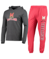 Concepts Sport Red/heather Charcoal Maryland Terrapins Meter Long Sleeve Hoodie T-shirt & Jogger Paj In Red,heathered Charcoal