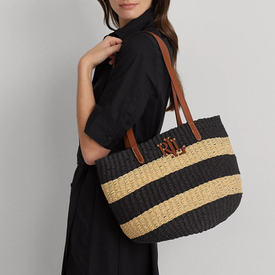 Lauren Ralph Lauren Striped Straw Medium Hartley Tote Bag In Natural,black,lauren Tan