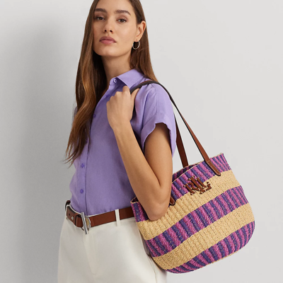 Lauren Ralph Lauren Striped Straw Medium Hartley Tote Bag In Natural/purple Jspr Mlt/l