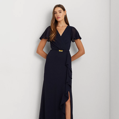 Ralph Lauren Belted Georgette Flutter-sleeve Gown In Lighthouse Navy