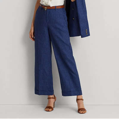 Lauren Petite Pinstripe Linen Wide-leg Cropped Pant In Blue/white