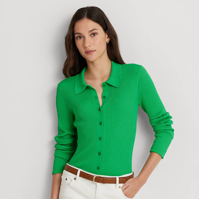 Lauren Ralph Lauren Rib-knit Long-sleeve Polo Cardigan In Green Topaz