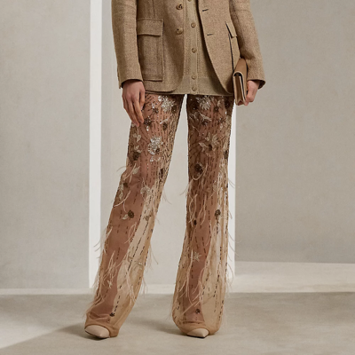 Polo Ralph Lauren High-rise Feather Embellished Sheer Straight-leg Pants In Beige