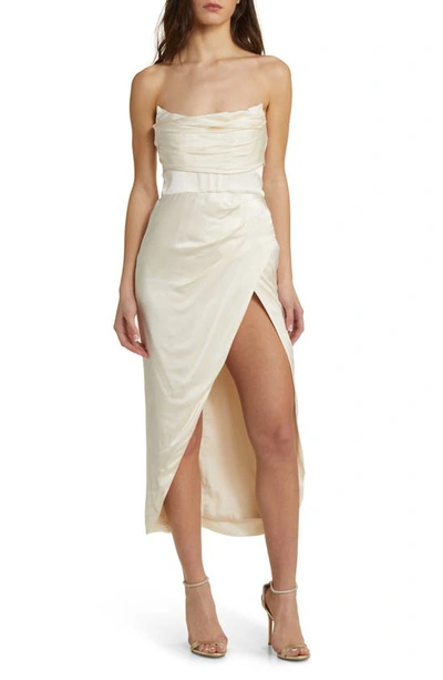 Bardot Elio Draped Strapless Satin Corset Cocktail Dress In Gold Ivory